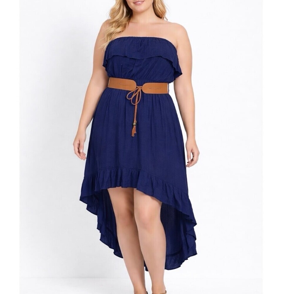 Annabelle A'GACI Sleeveless High/low Dress ruffle top Navy Blue belted SZ M